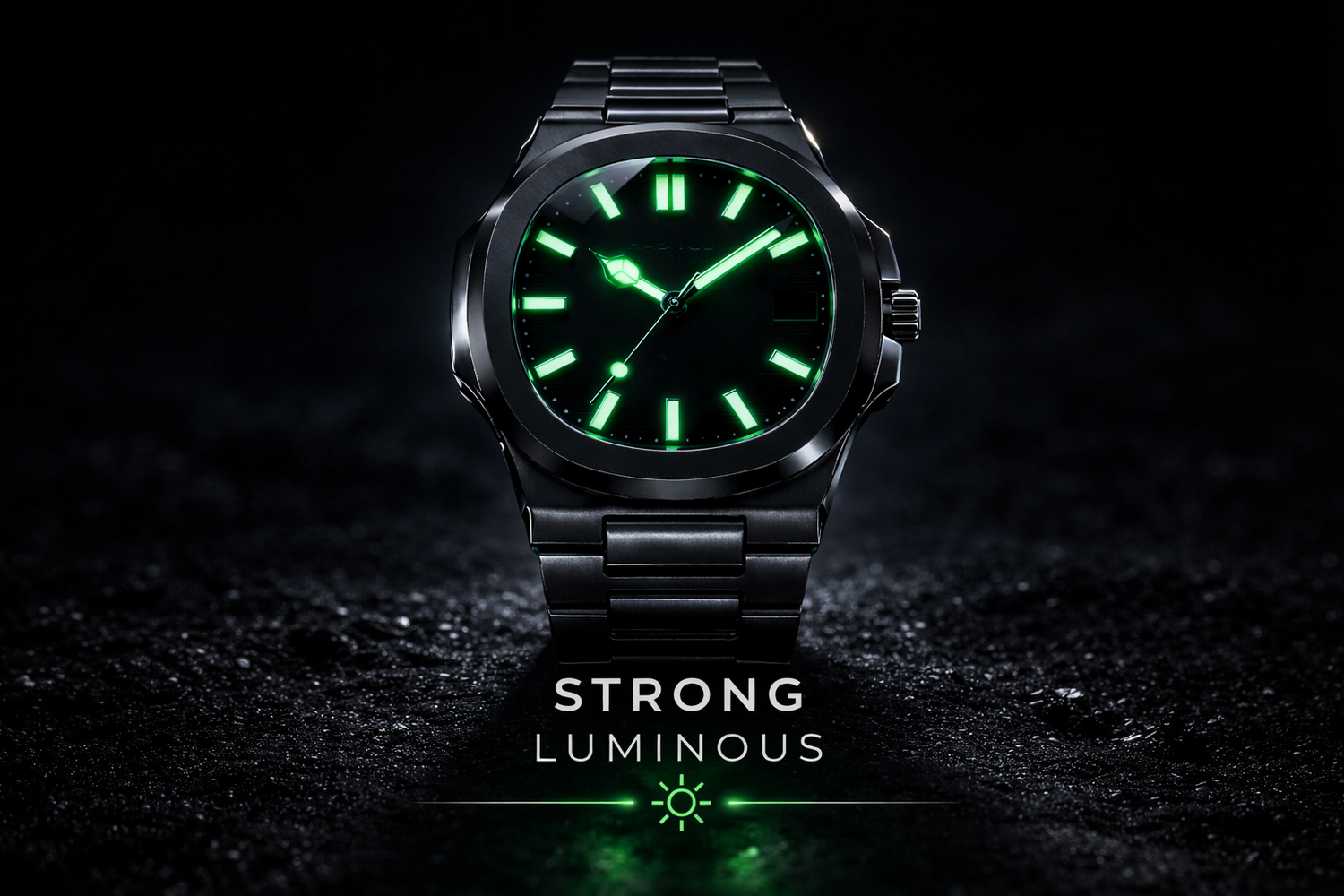 Black wristwatch with glowing green face on a dark background, emphasizing 'Strong Luminous' feature.
