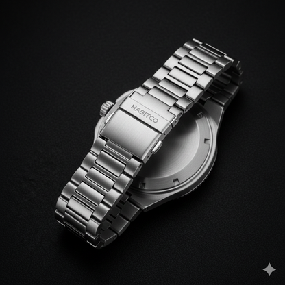 Silver watch with metal band on a black background